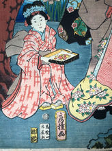 Load image into Gallery viewer, Utagawa Fusatane, Shining Prince &amp; Companions at the Yatsu Bridge (1860)
